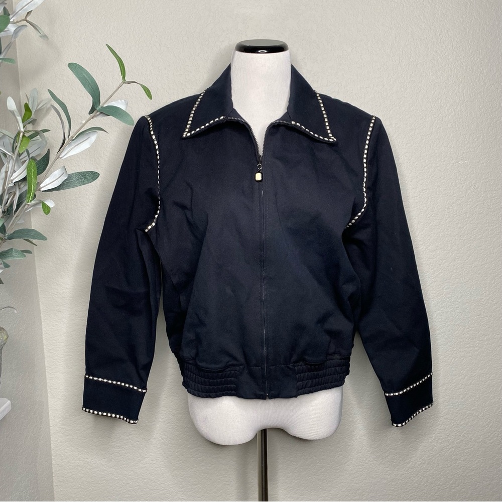 St. John Sport Marie Gray Zip Front Bomber Style Black Jacket USA Made Medium